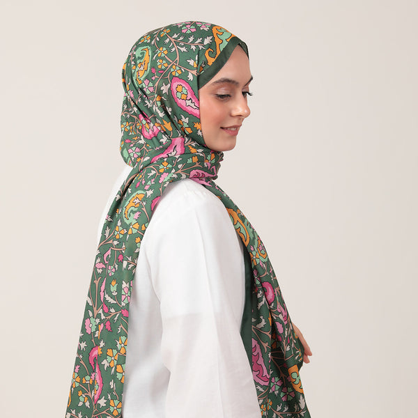 Pamuk İpek Şal - Etnik Floral Desen - Haki Yeşili