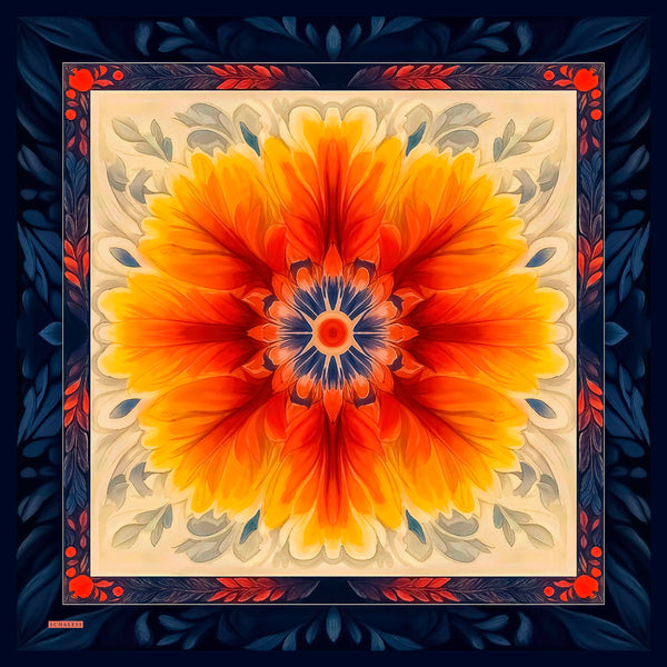 Aurora Desenli Janjan Eşarp - Güneş Çiçeği - Lacivert