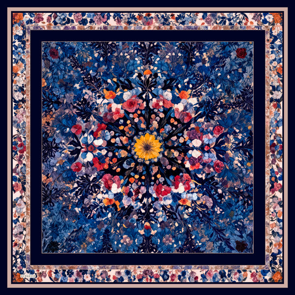 Aurora Desenli Janjan Eşarp - Çiçek Kozmosu - Lacivert