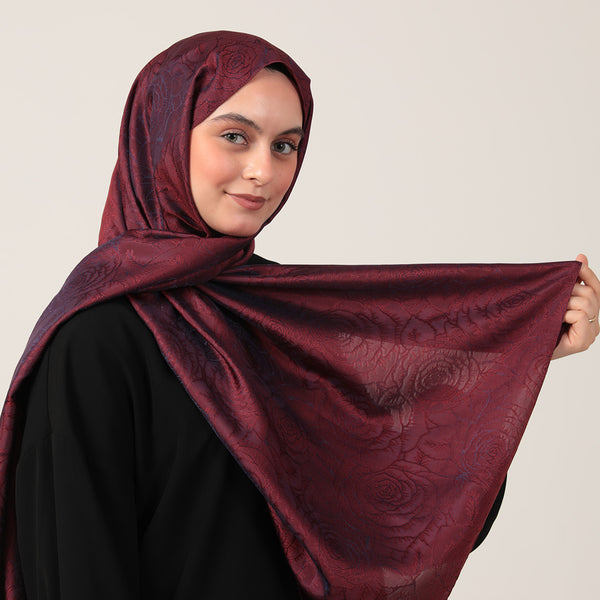 İpeksi Çift Taraflı Jakar Şal - Rose Desen - Vişne