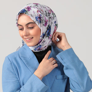 Pamuk İpek Eşarp - Hibiskus Desen - Gri