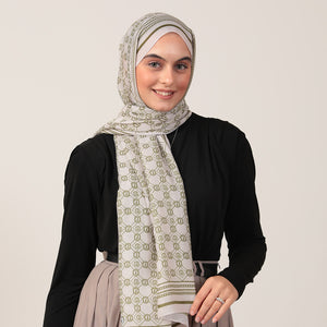 Pamuk İpek Şal - Monogram Desen - Krem Olive