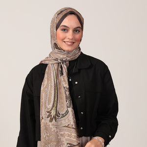 Pamuk İpek Şal - Hint Desen - Koyu Haki