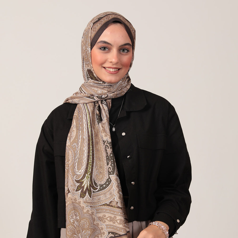 Pamuk İpek Şal - Hint Desen - Koyu Haki