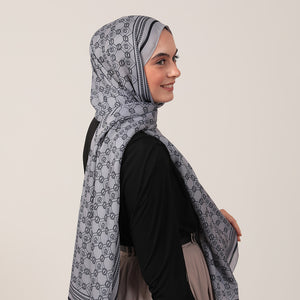 Pamuk İpek Şal - Monogram Desen - Gri Lacivert
