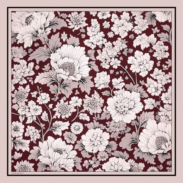 %100 İpek Twill Eşarp - Çiçek Rüyası - Bordo