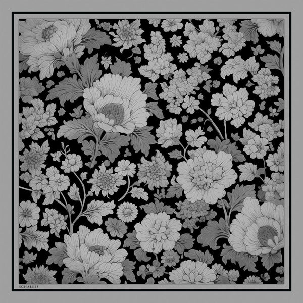 %100 İpek Twill Eşarp - Çiçek Rüyası - Siyah