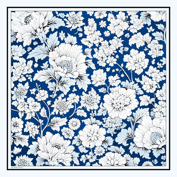 %100 İpek Twill Eşarp - Çiçek Rüyası - Mavi