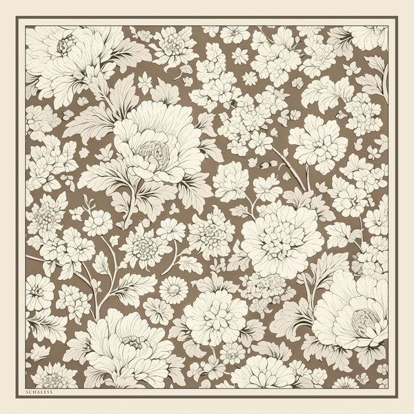 %100 İpek Twill Eşarp - Çiçek Rüyası - Vizon