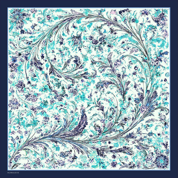 %100 İpek Twill Eşarp - Yankılar Bahçesi - Turkuaz