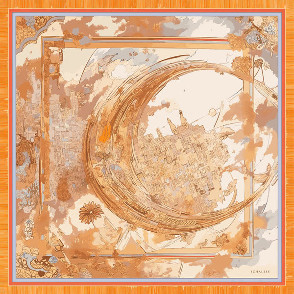 %100 İpek Twill Eşarp - Hilal Şehri  - Oranj