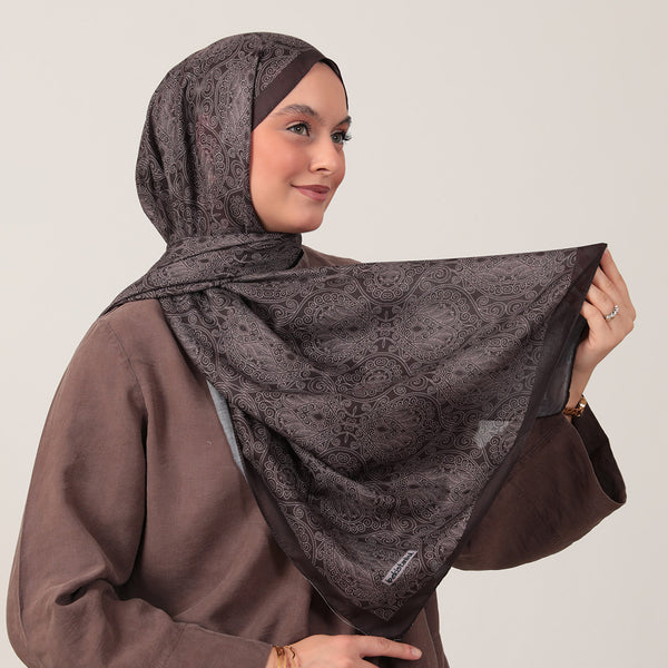 Pamuk İpek Şal - Mandala Desen - Koyu Vizon