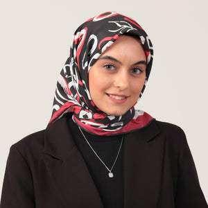 Twill Eşarp - İlkbahar Desen - Siyah Kırmızı