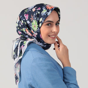 Pamuk İpek Eşarp - Hibiskus Desen - Laci Ekru