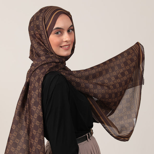 Pamuk İpek Şal - Monogram Desen - Kahve Gold