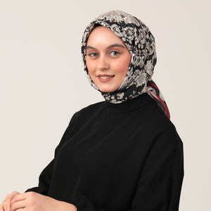 Pamuk İpek Eşarp - Dönence Desen - Siyah Bordo