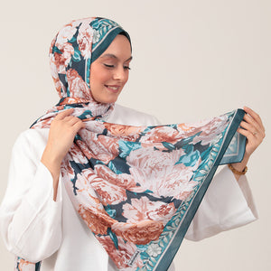 Pamuk İpek Şal - Floral Desen - Petrol Yeşili