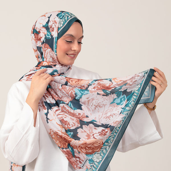 Pamuk İpek Şal - Floral Desen - Petrol Yeşili
