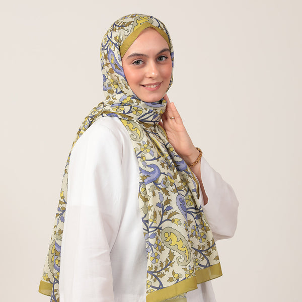 Pamuk İpek Şal - Etnik Floral Desen - Olive