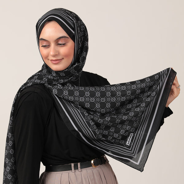 Pamuk İpek Şal - Monogram Desen - Siyah Gri