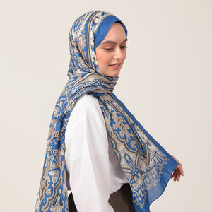 Pamuk İpek Şal - Barok Desen - Saks Mavisi