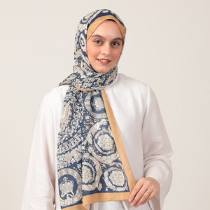 Pamuk İpek Şal - Dönence Desen - Lacivert Gold
