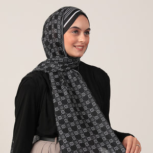 Pamuk İpek Şal - Monogram Desen - Siyah Beyaz