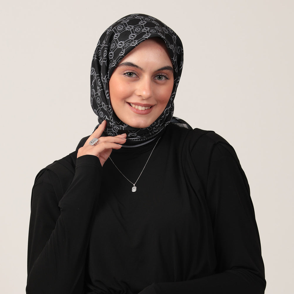 Pamuk İpek Eşarp - Monogram Desen - Siyah Gri