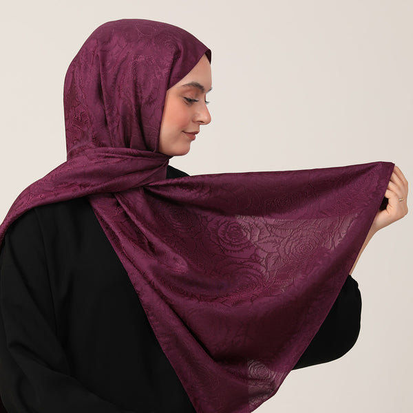 İpeksi Çift Taraflı Jakar Şal - Rose Desen - Mürdüm