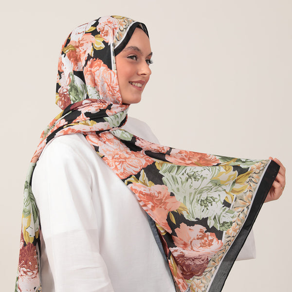 Pamuk İpek Şal - Floral Desen - Siyah Yeşil