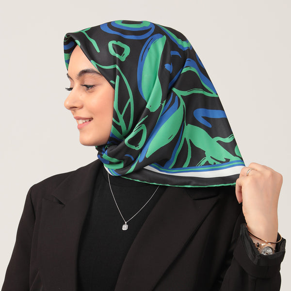Twill Eşarp - İlkbahar Desen - Siyah Yeşil