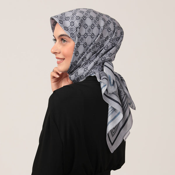 Pamuk İpek Eşarp - Monogram Desen - Gri Lacivert