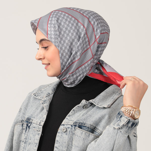 Pamuk İpek Eşarp - Minik Kazayağı Desen - Kırmızı