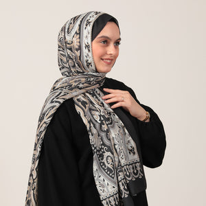 Pamuk İpek Şal - Barok Desen - Siyah Gold