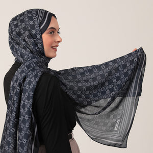 Pamuk İpek Şal - Monogram Desen - Lacivert Gri