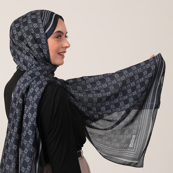 Pamuk İpek Şal - Monogram Desen - Lacivert Gri