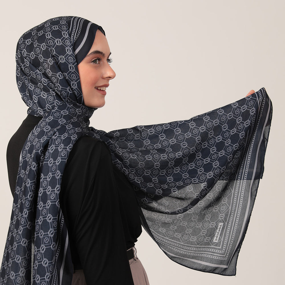 Pamuk İpek Şal - Monogram Desen - Lacivert Gri