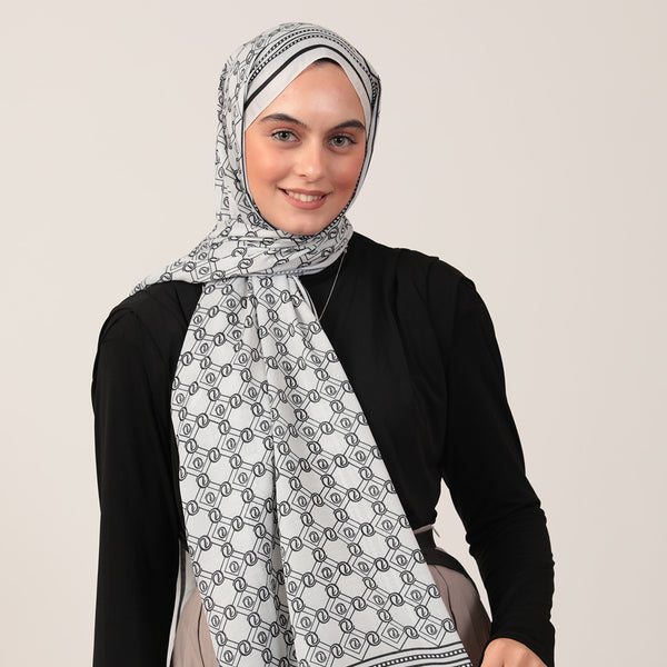 Pamuk İpek Şal - Monogram Desen - Krem Siyah