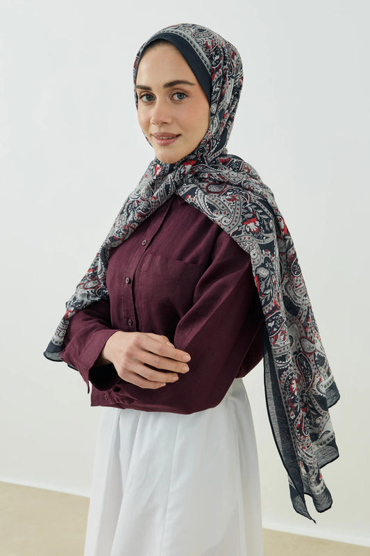 Tensel Şal - Pera Desen - Siyah - Gri