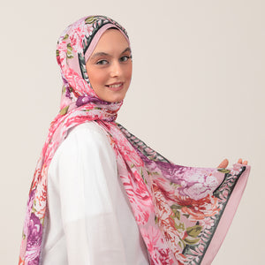 Pamuk İpek Şal - Floral Desen - Pembe