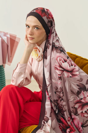 %100 Organik Pamuk Şal - Rose Desen - Bordo - Gül