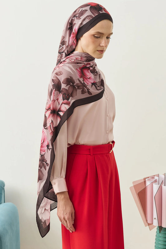 %100 Organik Pamuk Şal - Rose Desen - Bordo - Gül