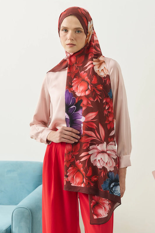 %100 Organik Pamuk Şal - Rose Desen - Bordo