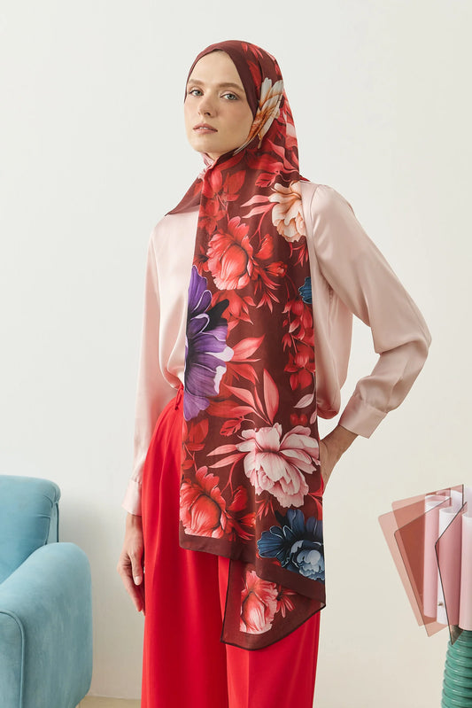 %100 Organik Pamuk Şal - Rose Desen - Bordo