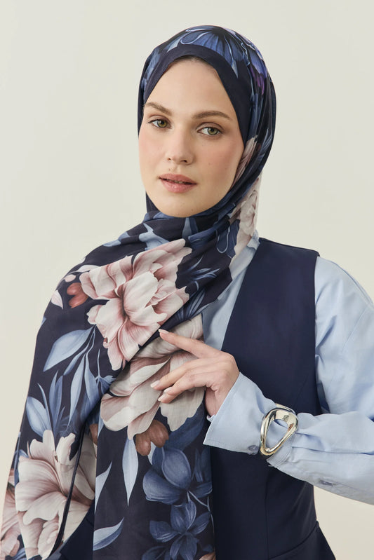 %100 Organik Pamuk Şal - Rose Desen - Lacivert