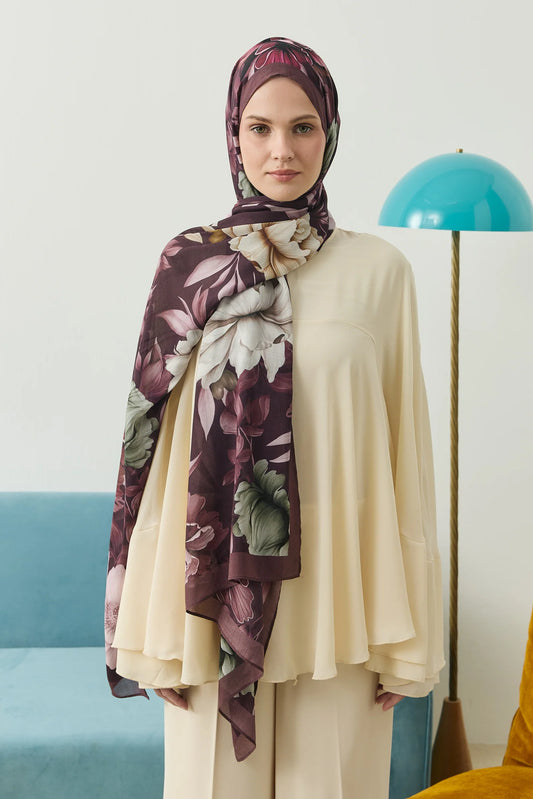 %100 Organik Pamuk Şal - Rose Desen - Bordo - Açık Bej