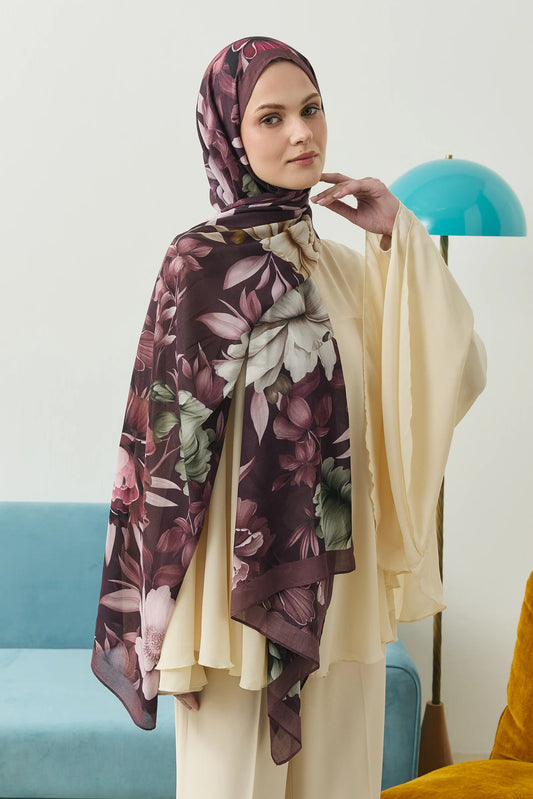 %100 Organik Pamuk Şal - Rose Desen - Bordo - Açık Bej