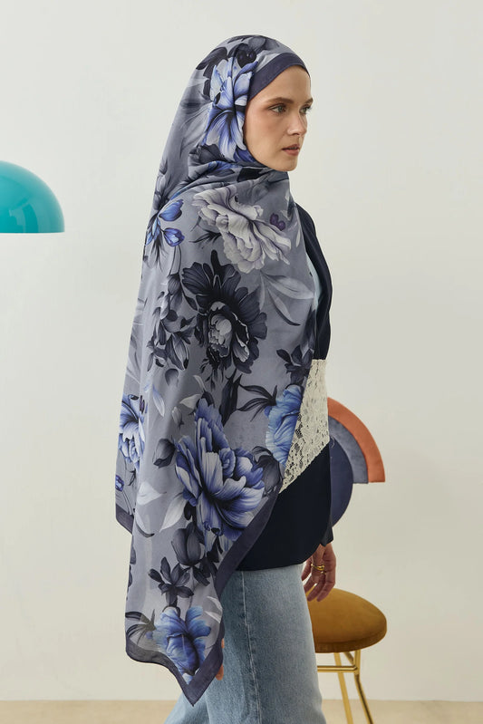 %100 Organik Pamuk Şal - Rose Desen - Lacivert - Mavi