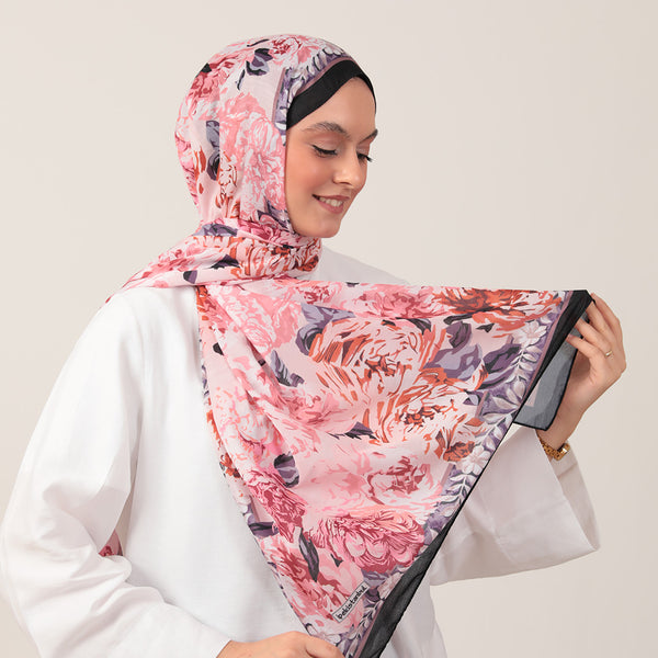Pamuk İpek Şal - Floral Desen - Pudra