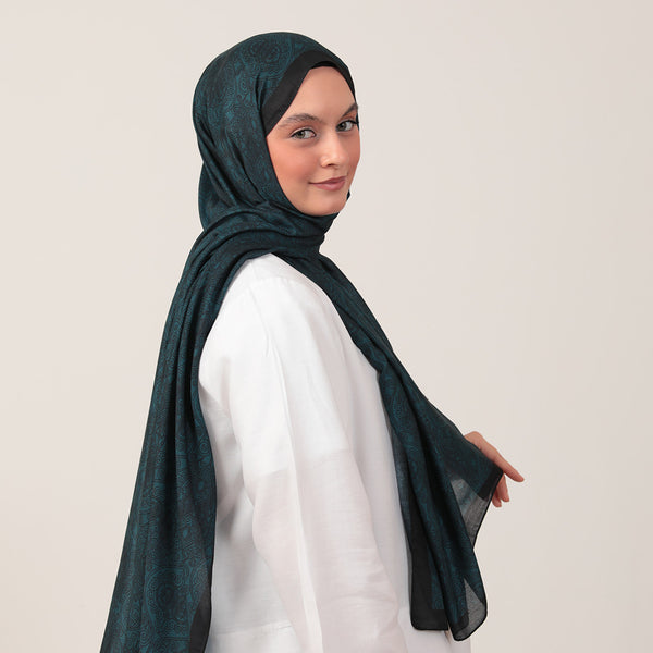 Pamuk İpek Şal - Mandala Desen - Petrol Yeşili